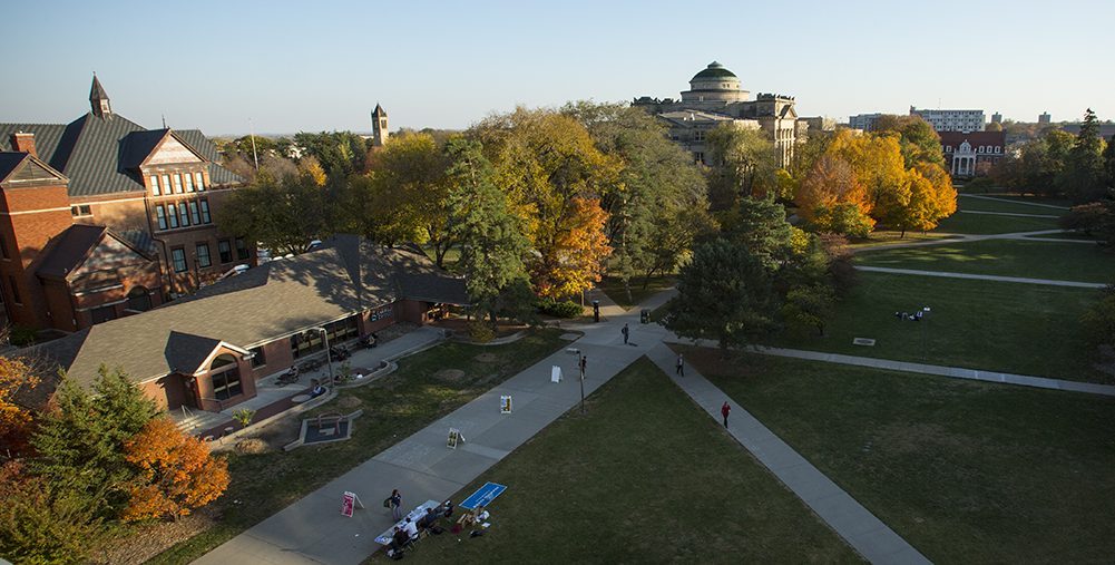 Beautiful central campus photo of fall colors